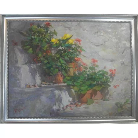 Obraz - Olejomaľba na plátne - Kvety na schodoch - akad. mal. Timour Karimov