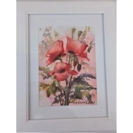 Obraz - Akvarel- Maky v ružovom poli č.123- Mária Lenárdová