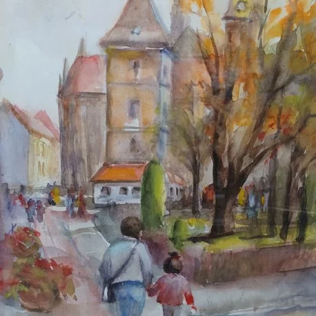 Obraz - akvarel v ráme- Pri Urbanovej veži - Mária Lenárdová