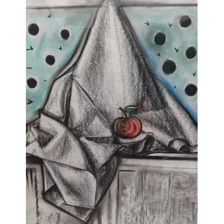 Obraz -kresba uhlíkom, olej.pastelom-Zátišie s červeným jabĺčkom- Mgr. Zuzana Čarnoká