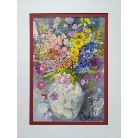 Kvety v kameninovej váze - Martina Štecová,originálny,ručne maľovaný obraz