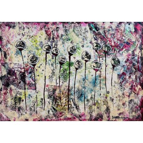 Kvety s farebným pozadím - Katarína Haraksimová, originálny, ručne maľovany obraz