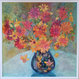 Kvety v modrej váze- Martina Štecová, originálny, ručne maľovaný obraz